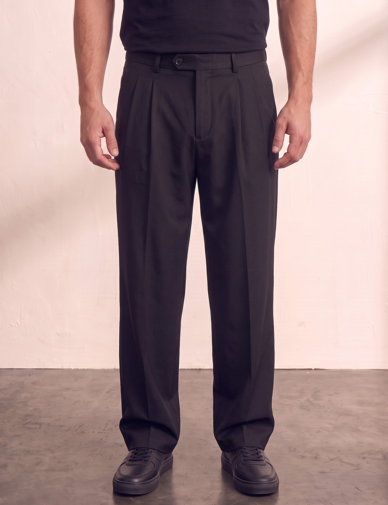 Men's Light Grey Pleated Straight Leg Trousers, front view from the waist down.