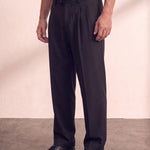 Men's Light Grey Pleated Straight Leg Trousers, three-quarter view from the waist down.