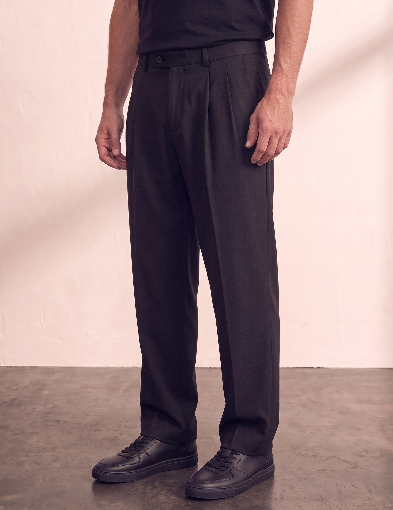 Men's Light Grey Pleated Straight Leg Trousers, three-quarter view from the waist down.