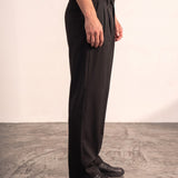 Men's Light Grey Pleated Straight Leg Trousers, side view from the waist down.