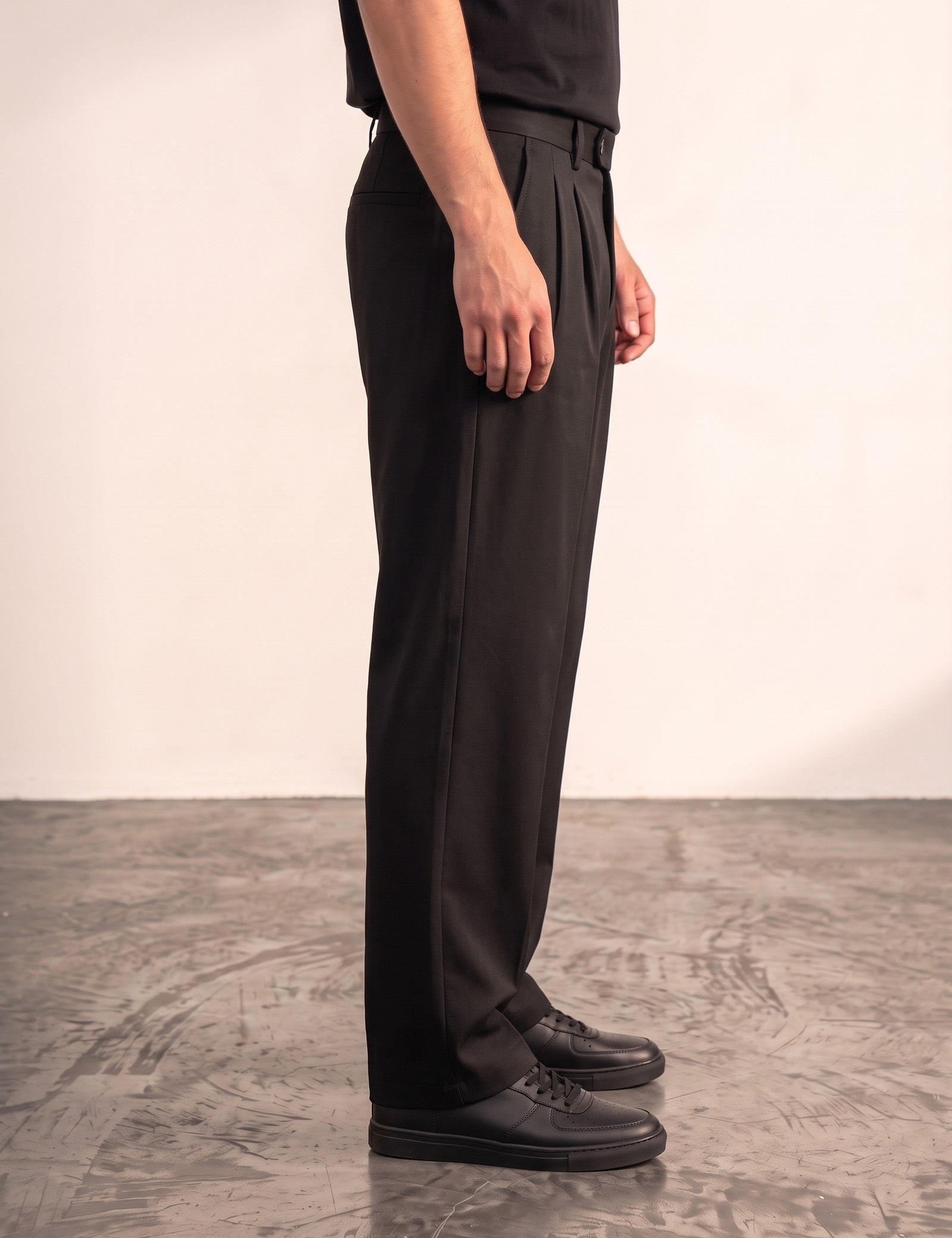 Men's Light Grey Pleated Straight Leg Trousers, side view from the waist down.