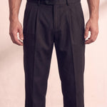 Men's Light Grey Pleated Straight Leg Trousers, close-up of the waistband and front pocket.