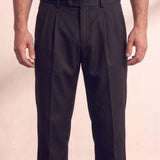 Men's Light Grey Pleated Straight Leg Trousers, close-up of the waistband and front pocket.
