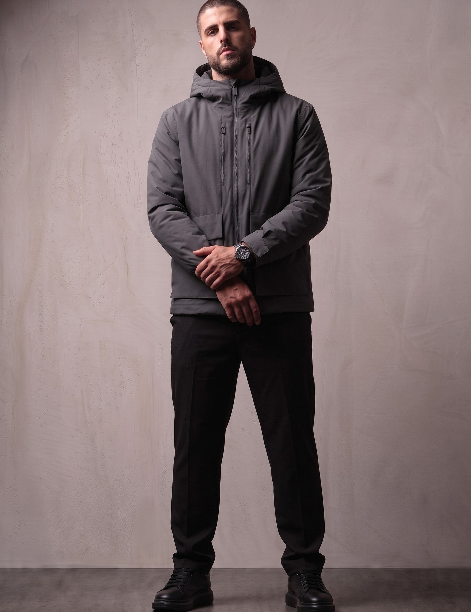 Men's Lightweight Padded Jacket in Dark Grey, front view, full length
