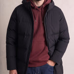 Men's Longline Hooded Down Coat, close-up of the upper body
