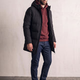 Men's Longline Hooded Down Coat, three-quarter view from the left, full length