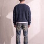 Men's Navy Brushed Knit Crew Neck Jumper, back view, full length.