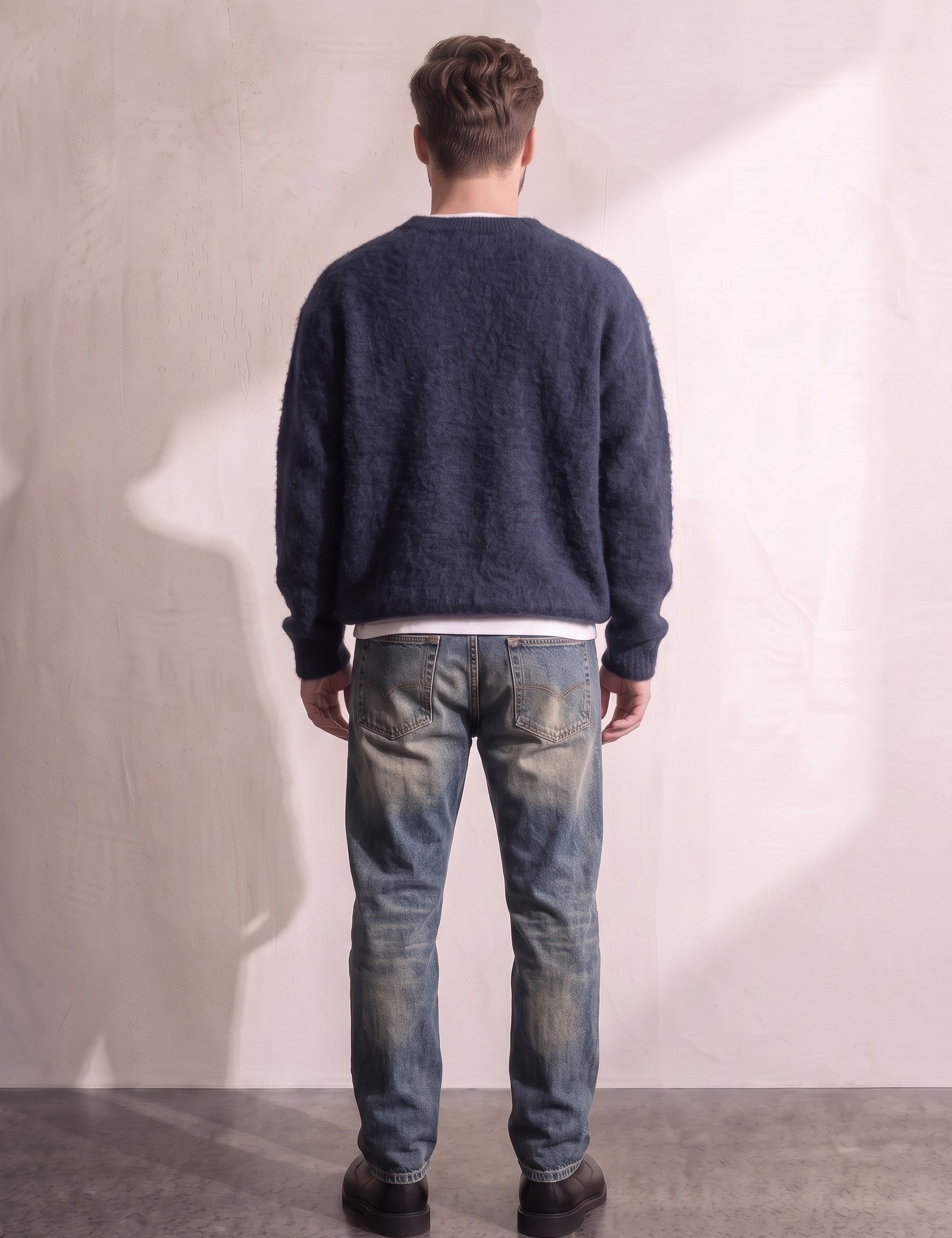 Men's Navy Brushed Knit Crew Neck Jumper, back view, full length.