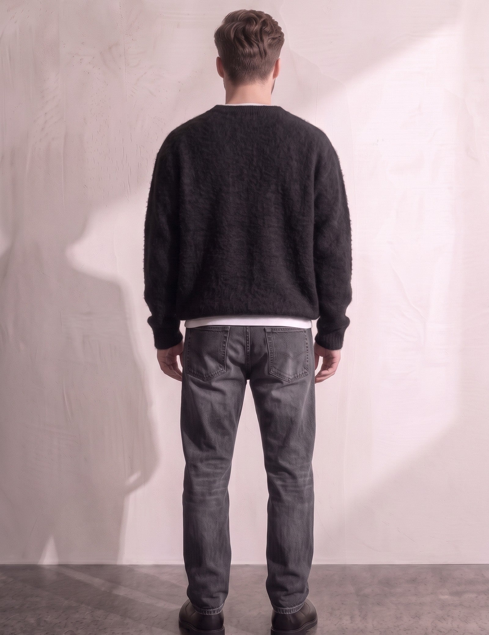 Men's Navy Brushed Knit Crew Neck Jumper - Black, back view, full length.