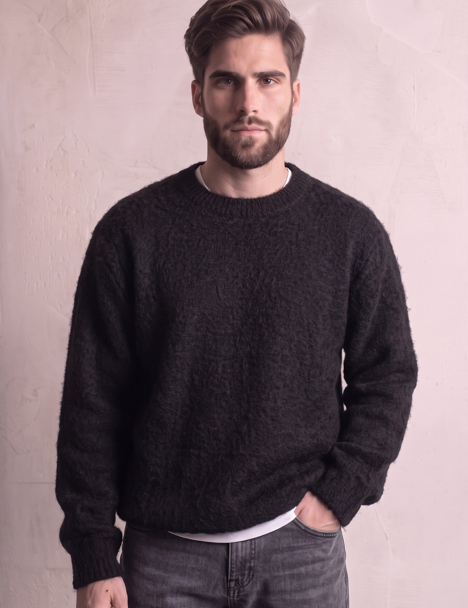 Men's Navy Brushed Knit Crew Neck Jumper - Black, close-up of the upper body.
