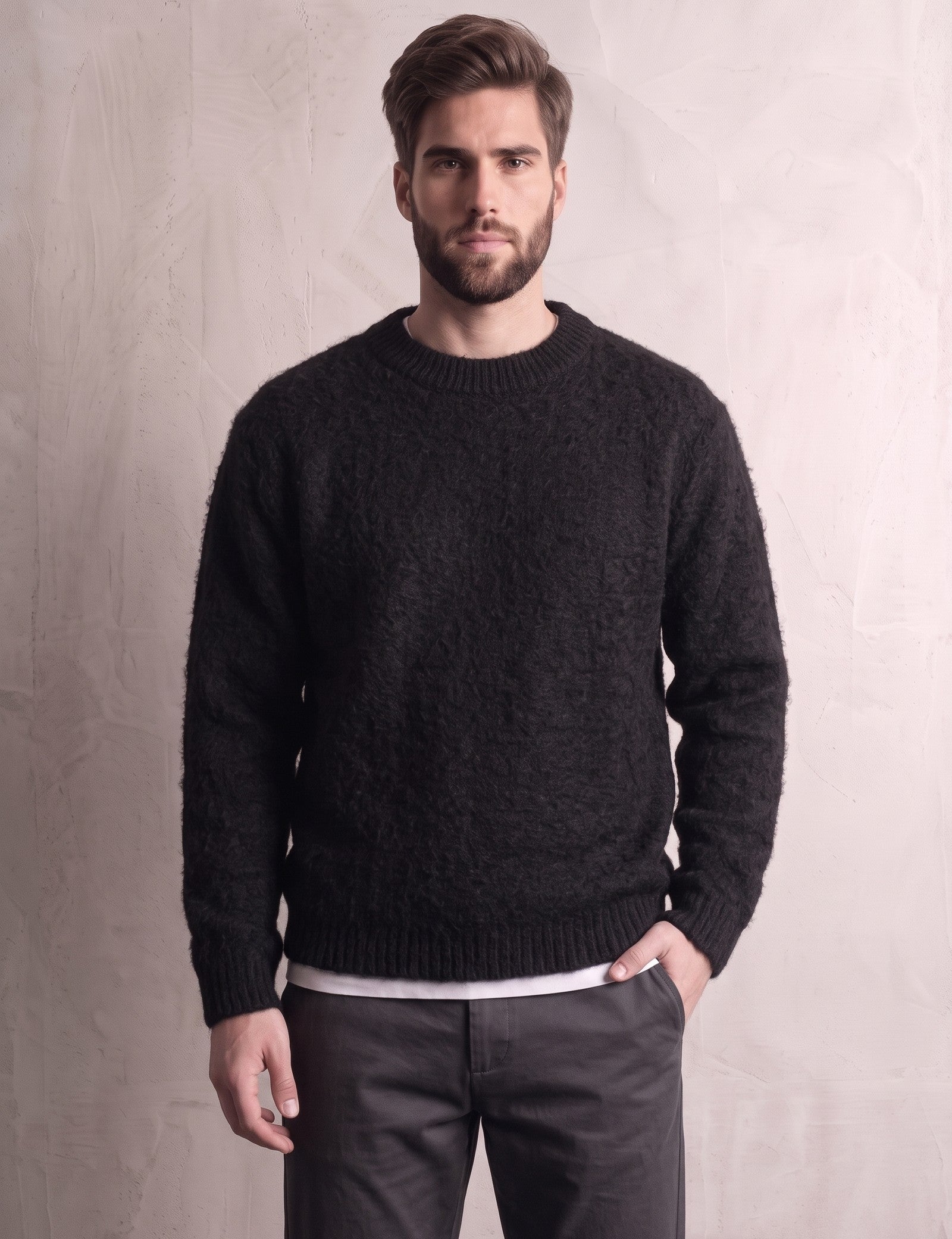 Men's Navy Brushed Knit Crew Neck Jumper - Black, front view, full length.