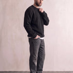 Men's Navy Brushed Knit Crew Neck Jumper - Black, side view, full length.