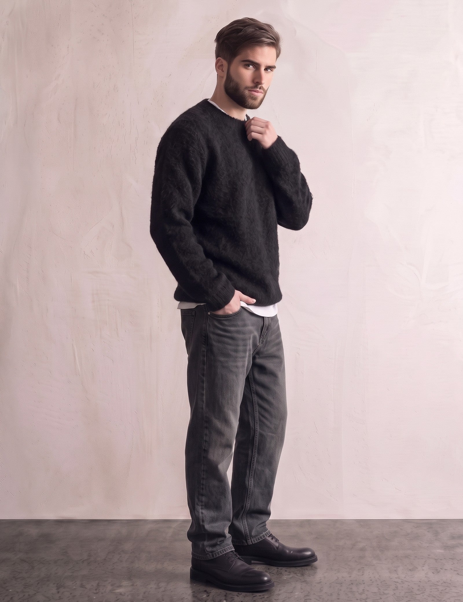 Men's Navy Brushed Knit Crew Neck Jumper - Black, side view, full length.