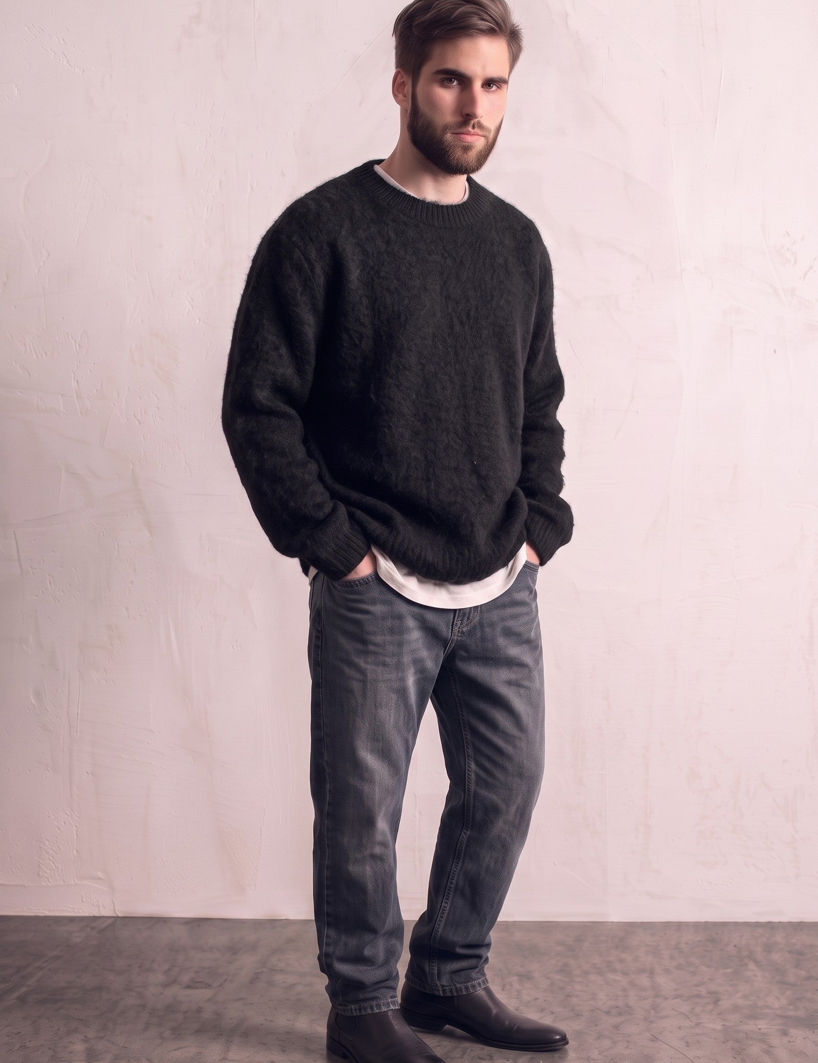 Men's Navy Brushed Knit Crew Neck Jumper - Black, three-quarter view from the left, full length.
