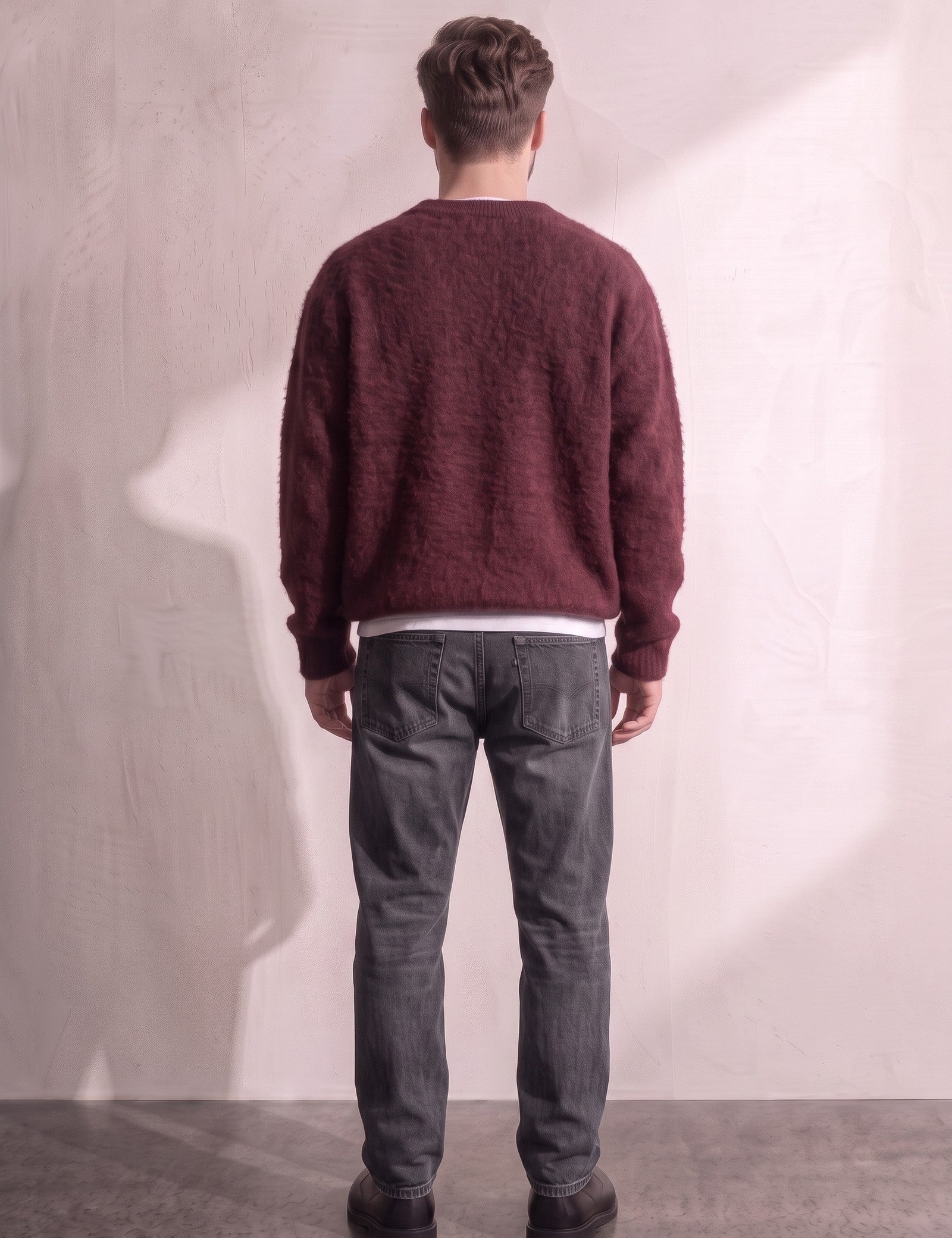 Men's Navy Brushed Knit Crew Neck Jumper - Burgundy, back view, full length.