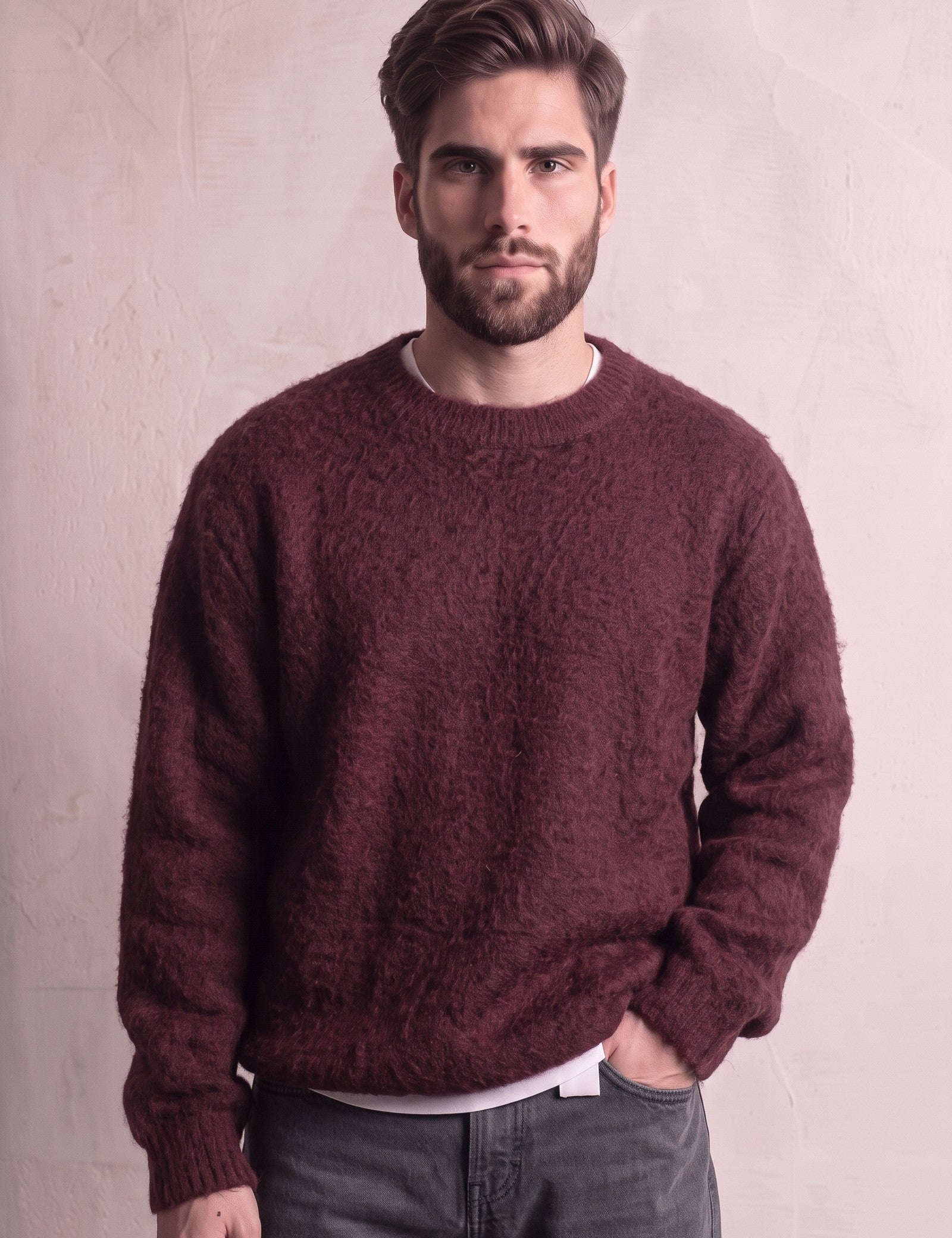 Men's Navy Brushed Knit Crew Neck Jumper - Burgundy, close-up of the upper body.
