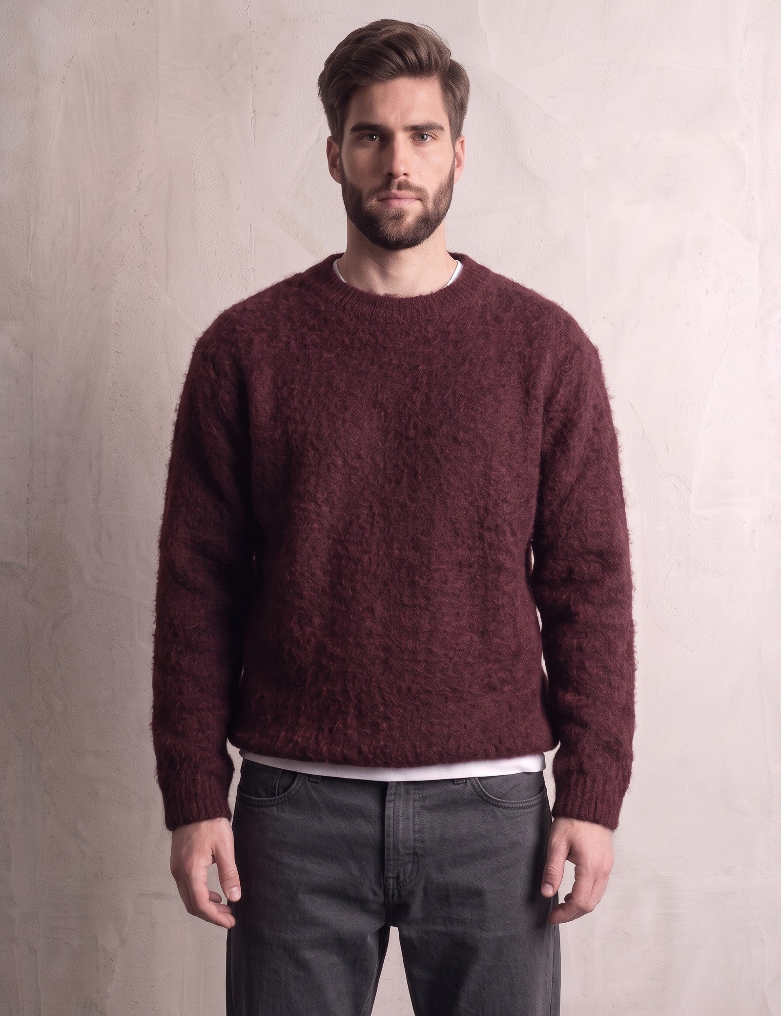 Men's Navy Brushed Knit Crew Neck Jumper - Burgundy, front view, full length.