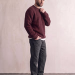 Men's Navy Brushed Knit Crew Neck Jumper - Burgundy, side view, full length.
