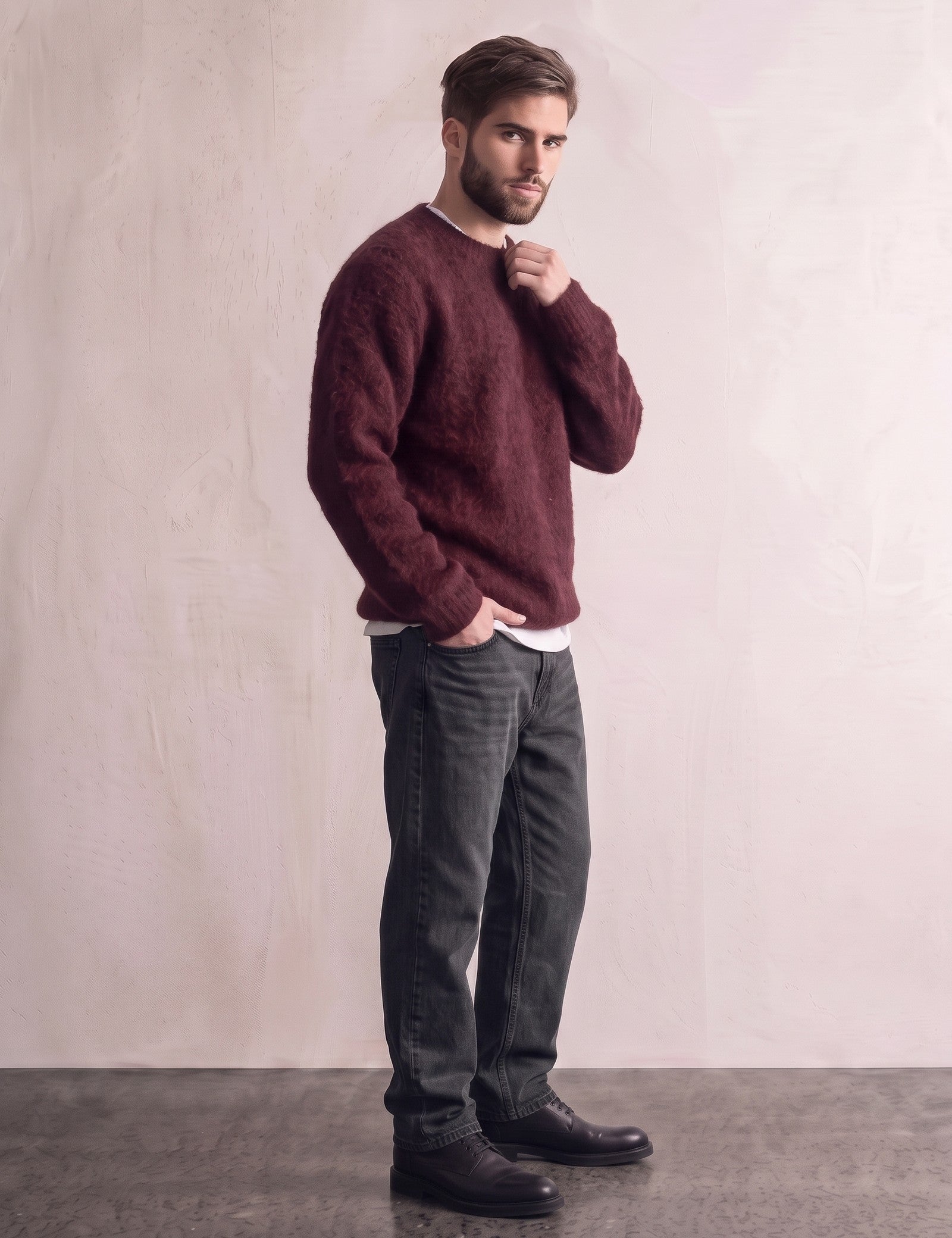Men's Navy Brushed Knit Crew Neck Jumper - Burgundy, side view, full length.