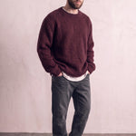Men's Navy Brushed Knit Crew Neck Jumper - Burgundy, three-quarter view from the left, full length.