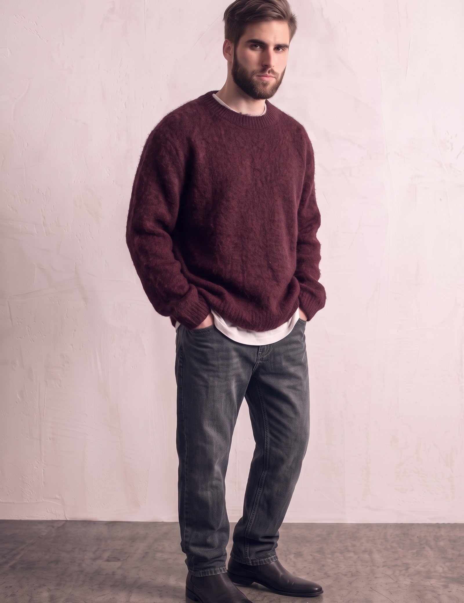 Men's Navy Brushed Knit Crew Neck Jumper - Burgundy, three-quarter view from the left, full length.