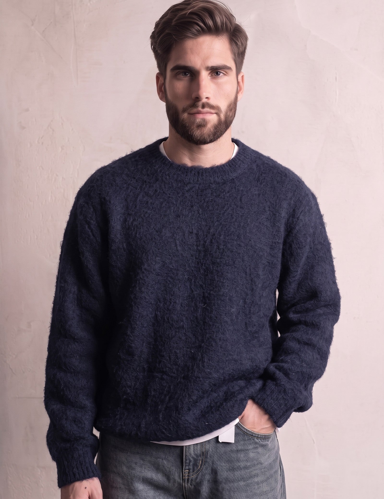 Men's Navy Brushed Knit Crew Neck Jumper, close-up of the upper body.