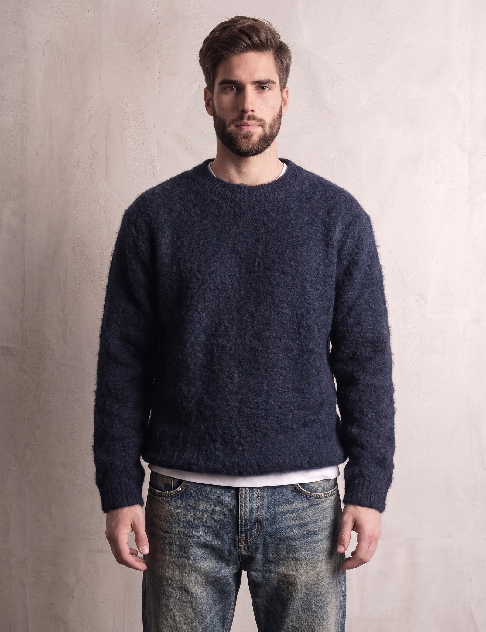 Men's Navy Brushed Knit Crew Neck Jumper, front view, full length.