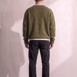 Men's Navy Brushed Knit Crew Neck Jumper - Olive Green, back view, full length.