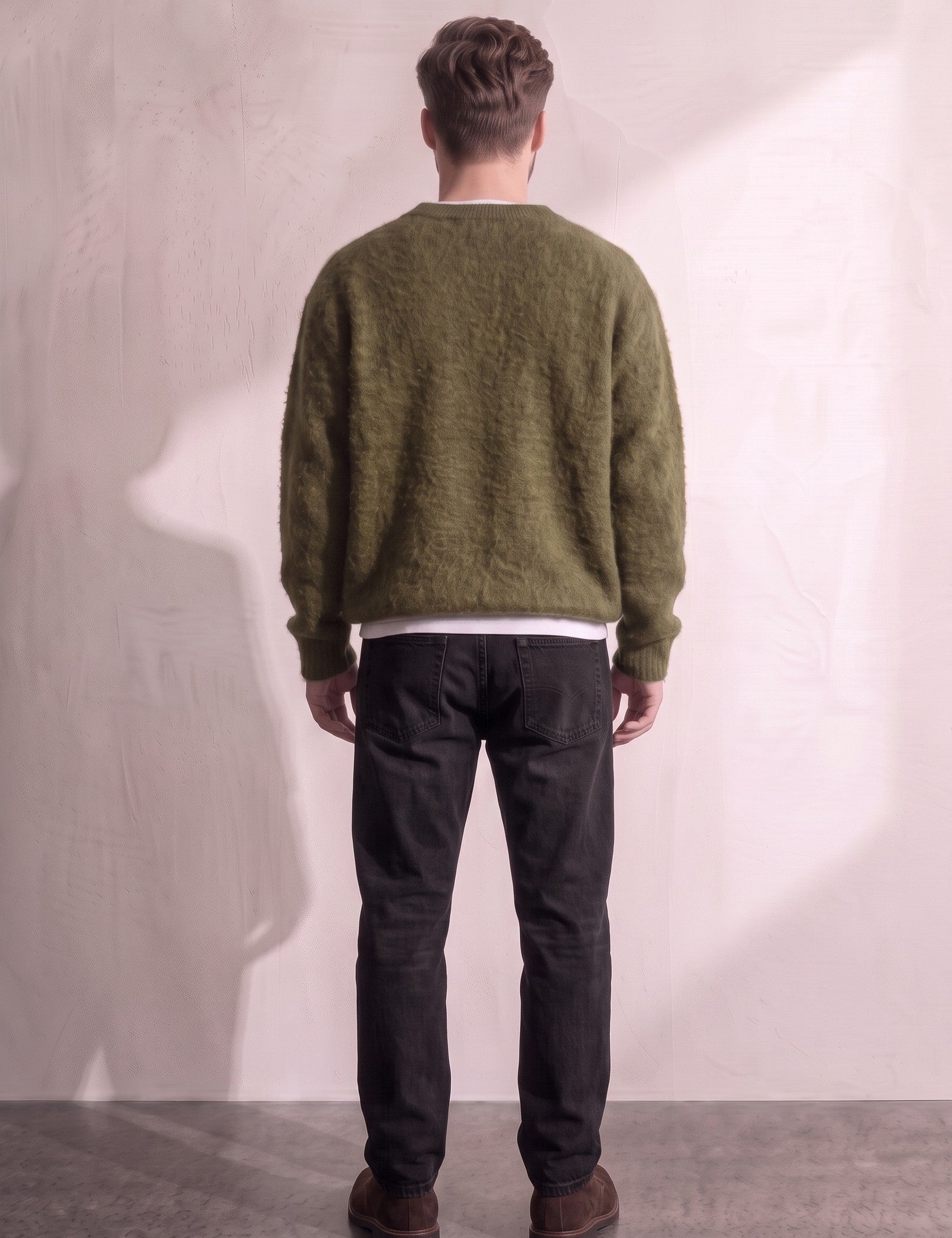 Men's Navy Brushed Knit Crew Neck Jumper - Olive Green, back view, full length.