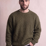 Men's Navy Brushed Knit Crew Neck Jumper - Olive Green, close-up of the upper body.