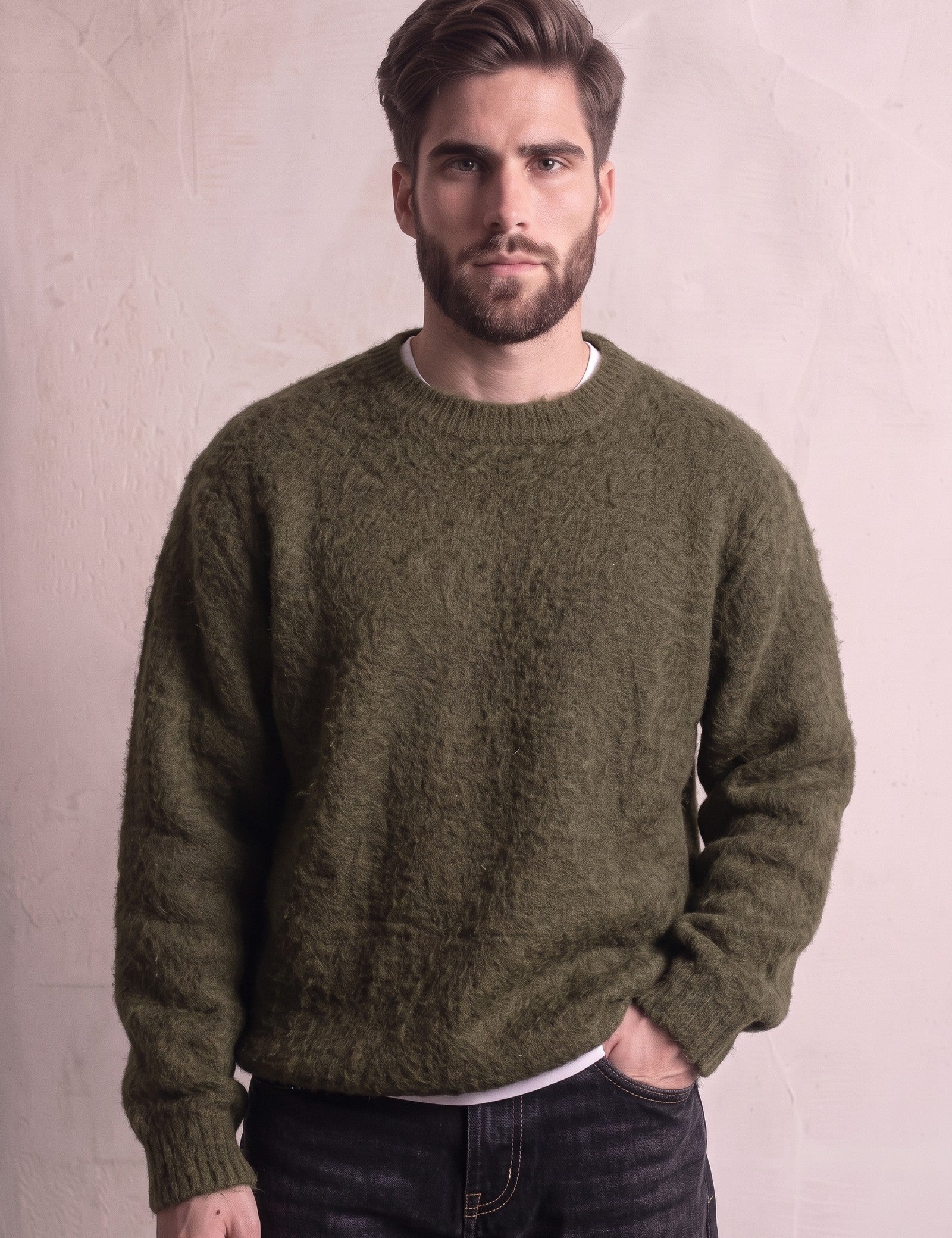 Men's Navy Brushed Knit Crew Neck Jumper - Olive Green, close-up of the upper body.