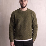 Men's Navy Brushed Knit Crew Neck Jumper - Olive Green, front view, full length.