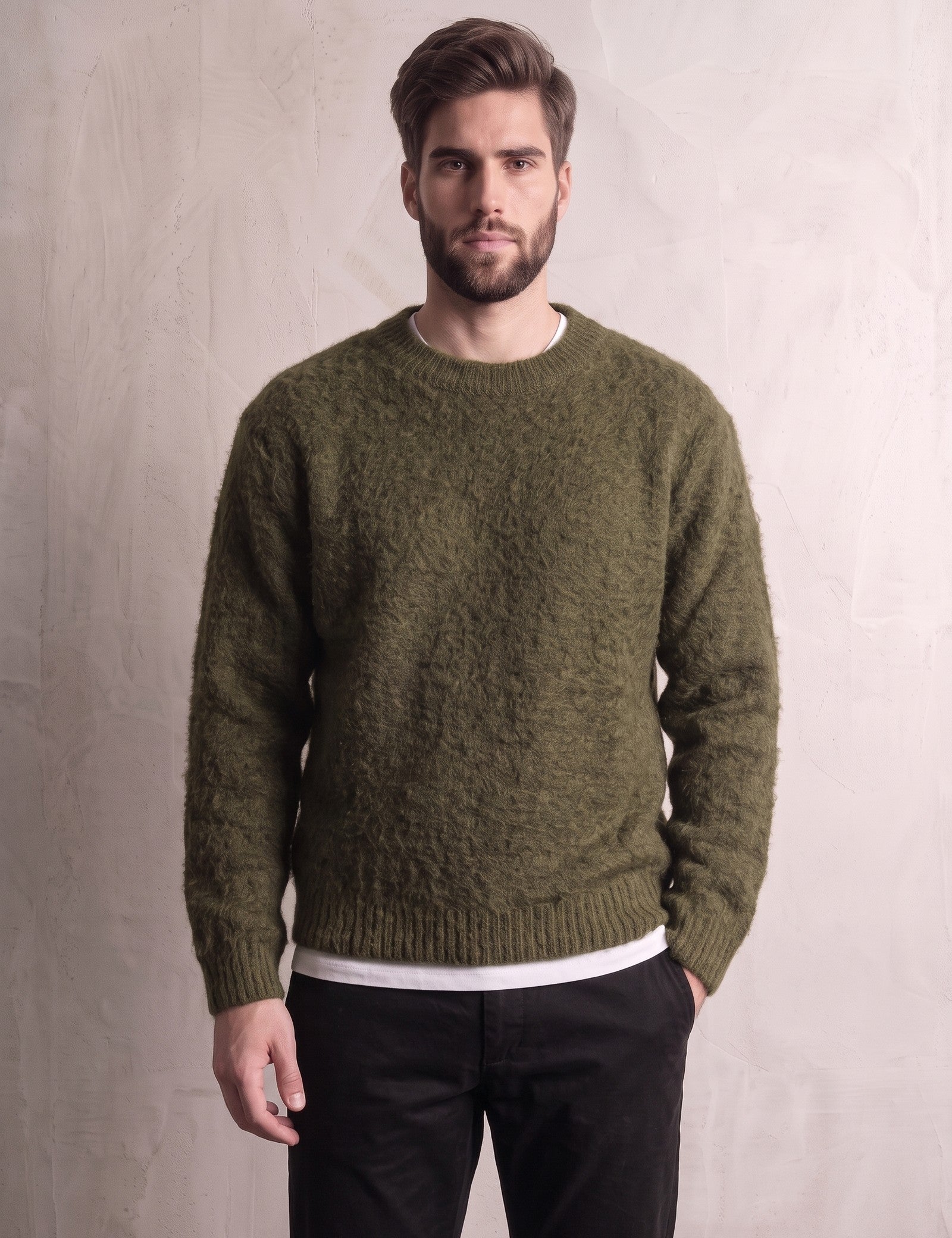 Men's Navy Brushed Knit Crew Neck Jumper - Olive Green, front view, full length.