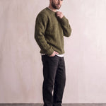 Men's Navy Brushed Knit Crew Neck Jumper - Olive Green, side view, full length.