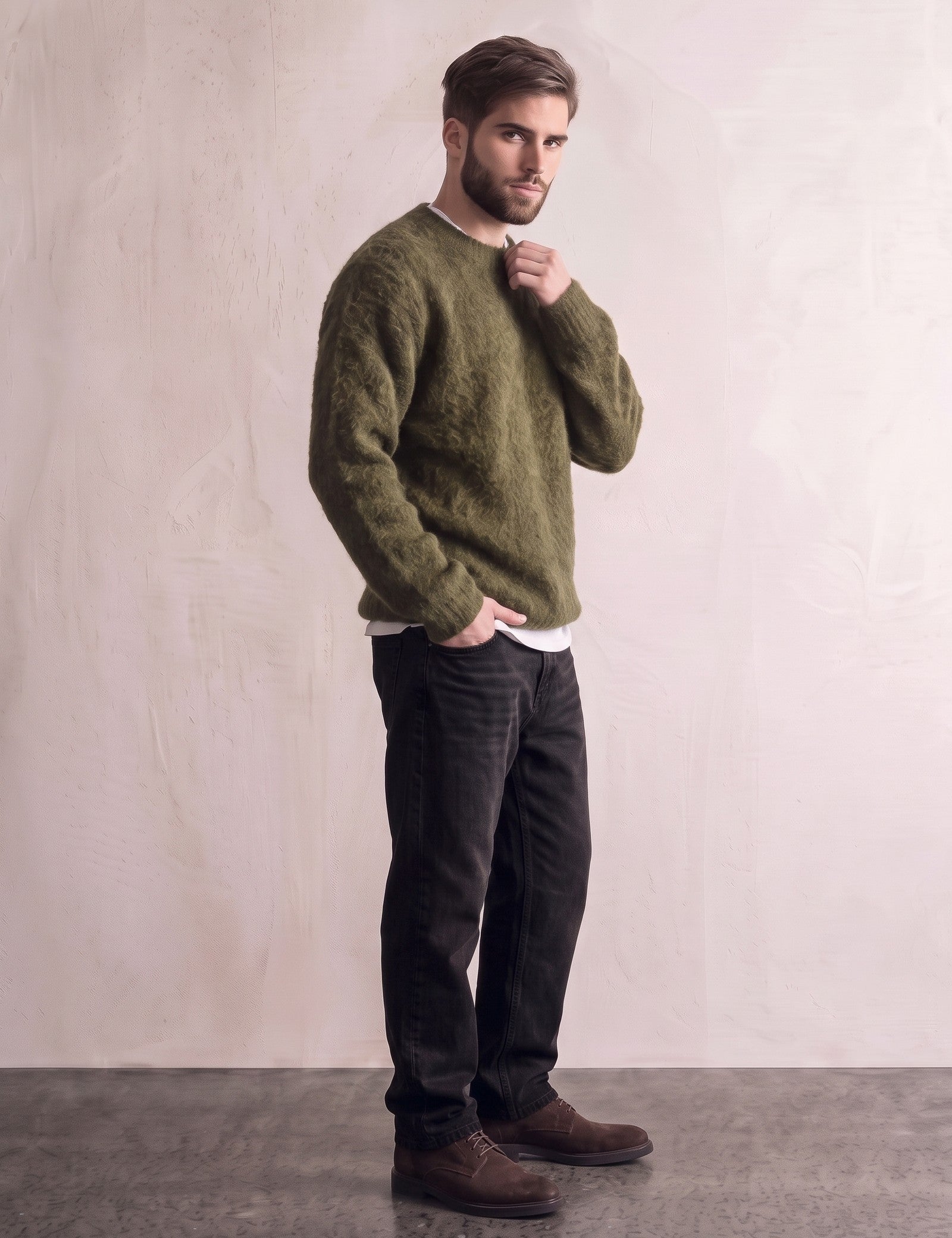 Men's Navy Brushed Knit Crew Neck Jumper - Olive Green, side view, full length.
