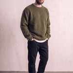 Men's Navy Brushed Knit Crew Neck Jumper - Olive Green, three-quarter view from the left, full length.