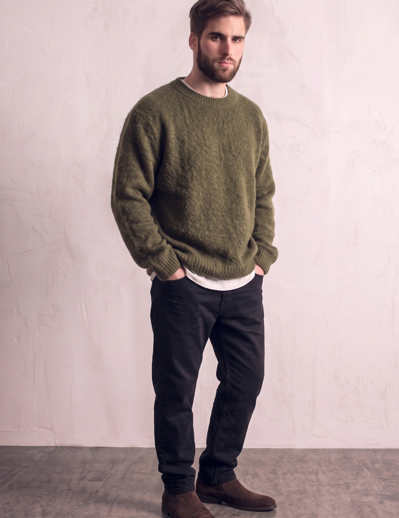 Men's Navy Brushed Knit Crew Neck Jumper - Olive Green, three-quarter view from the left, full length.