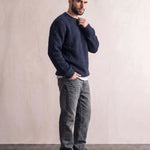 Men's Navy Brushed Knit Crew Neck Jumper, side view, full length.