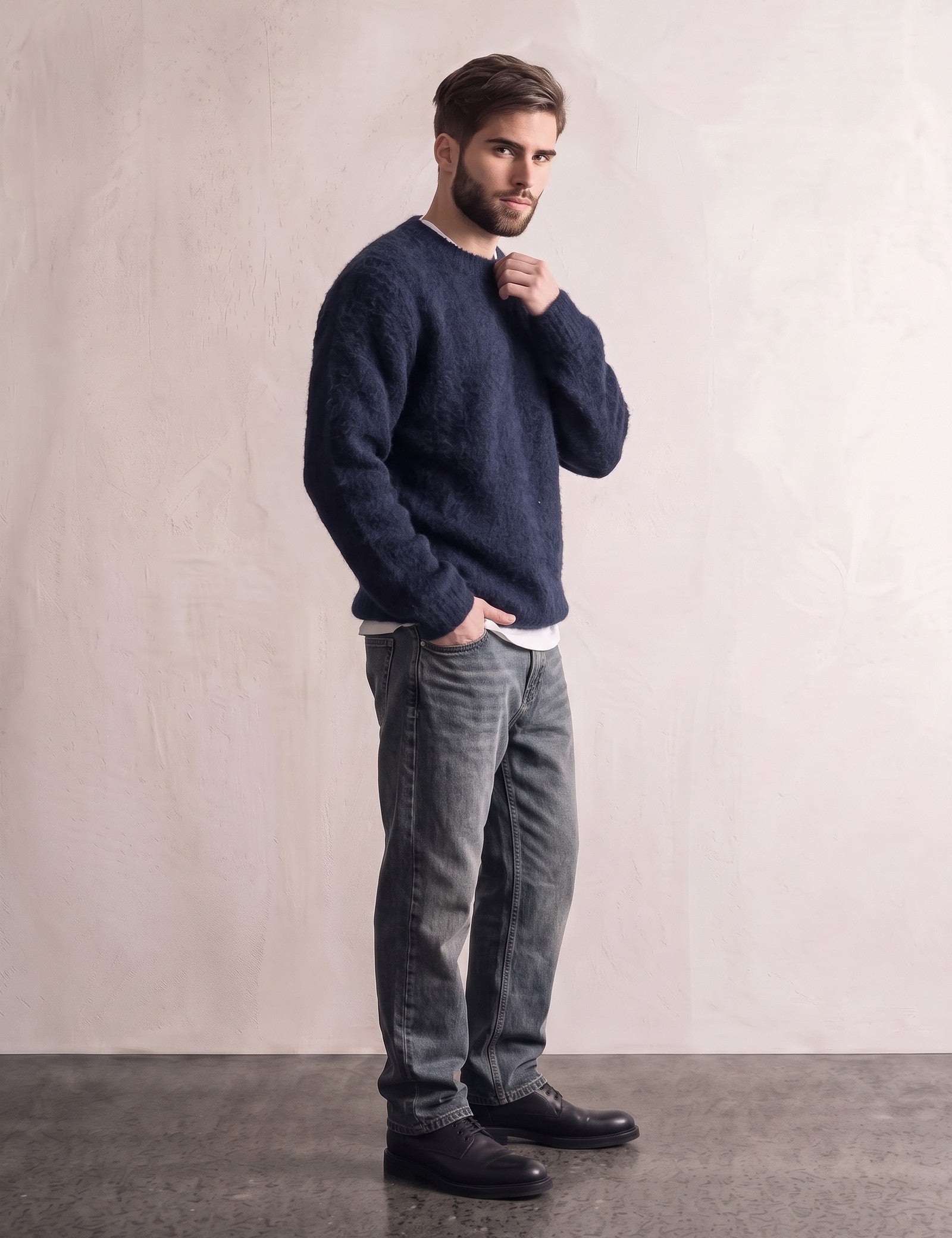 Men's Navy Brushed Knit Crew Neck Jumper, side view, full length.