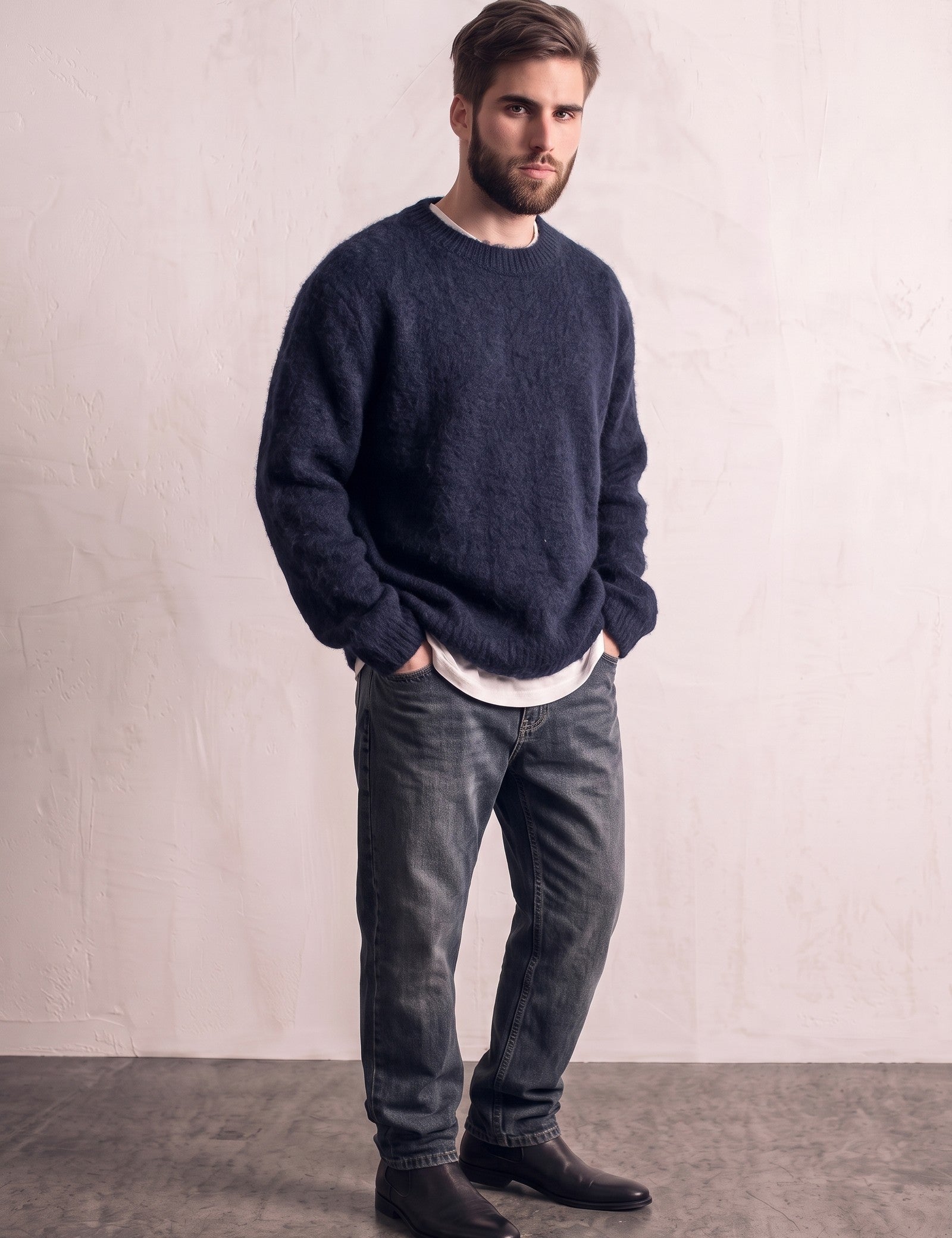 Men's Navy Brushed Knit Crew Neck Jumper, three-quarter view from the left, full length.