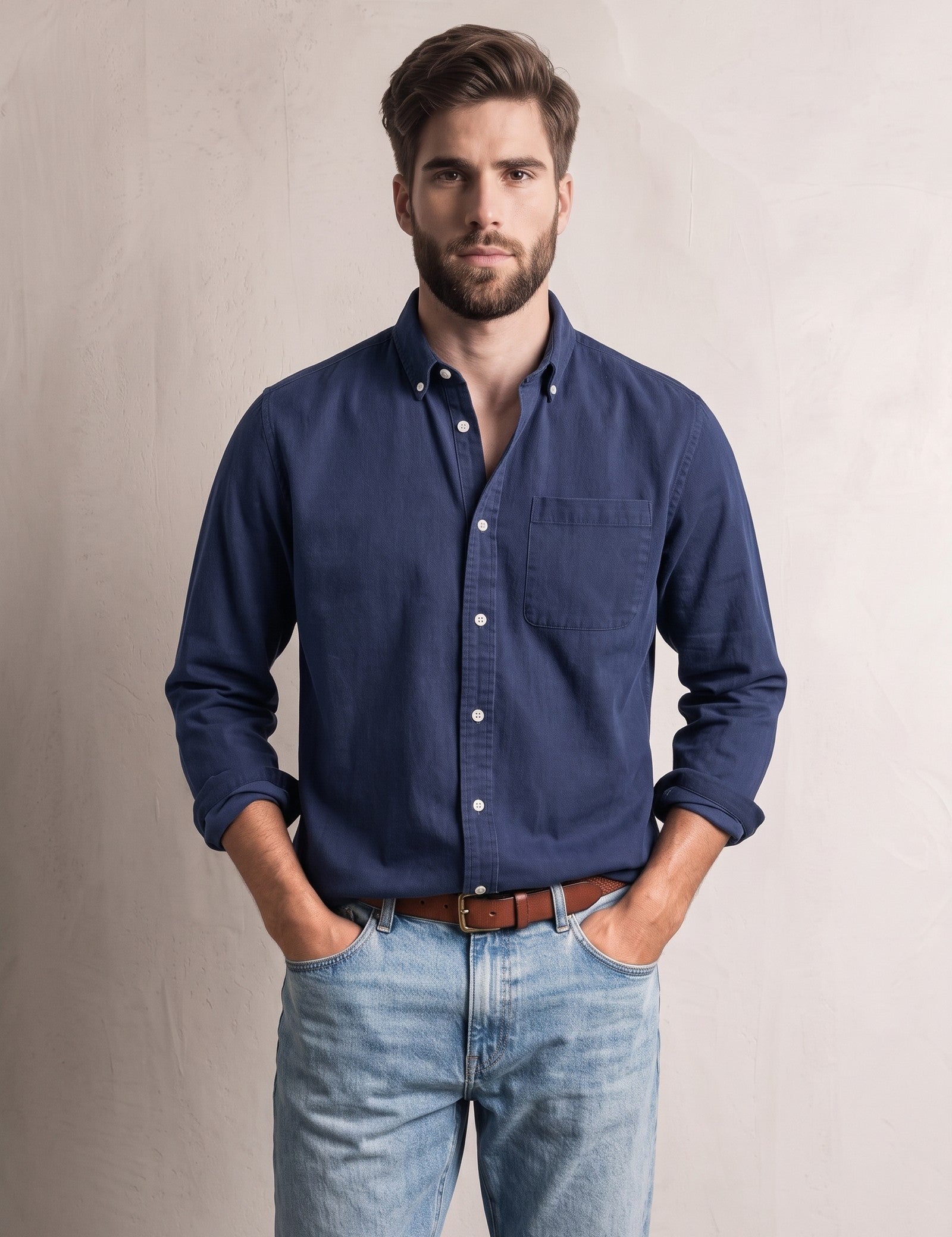 Men's Navy Relaxed Fit Button-Down Shirt, front view, full length