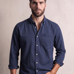 Men's Navy Relaxed Fit Button-Down Shirt, close-up of the upper body