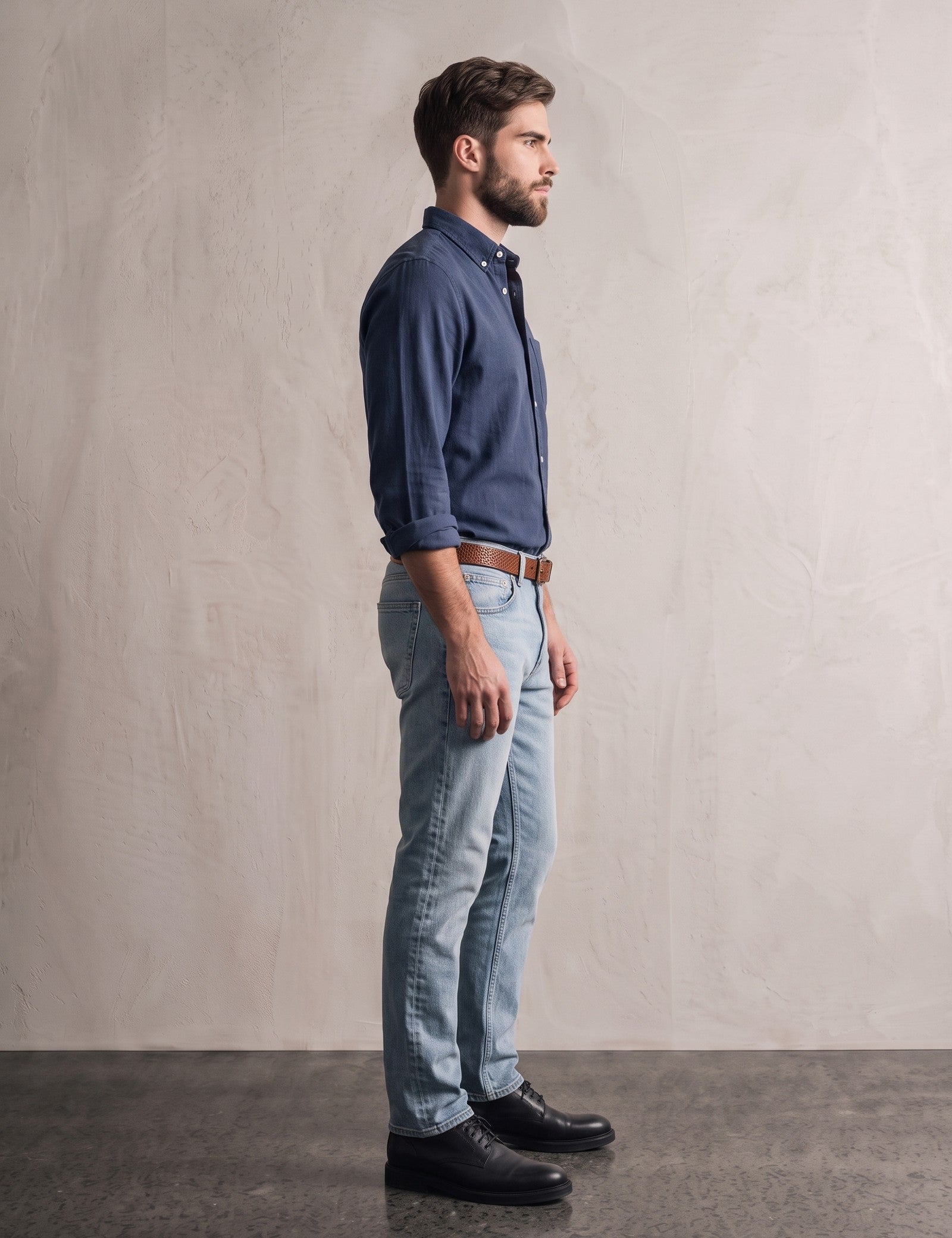 Men's Navy Relaxed Fit Button-Down Shirt, side view, full length