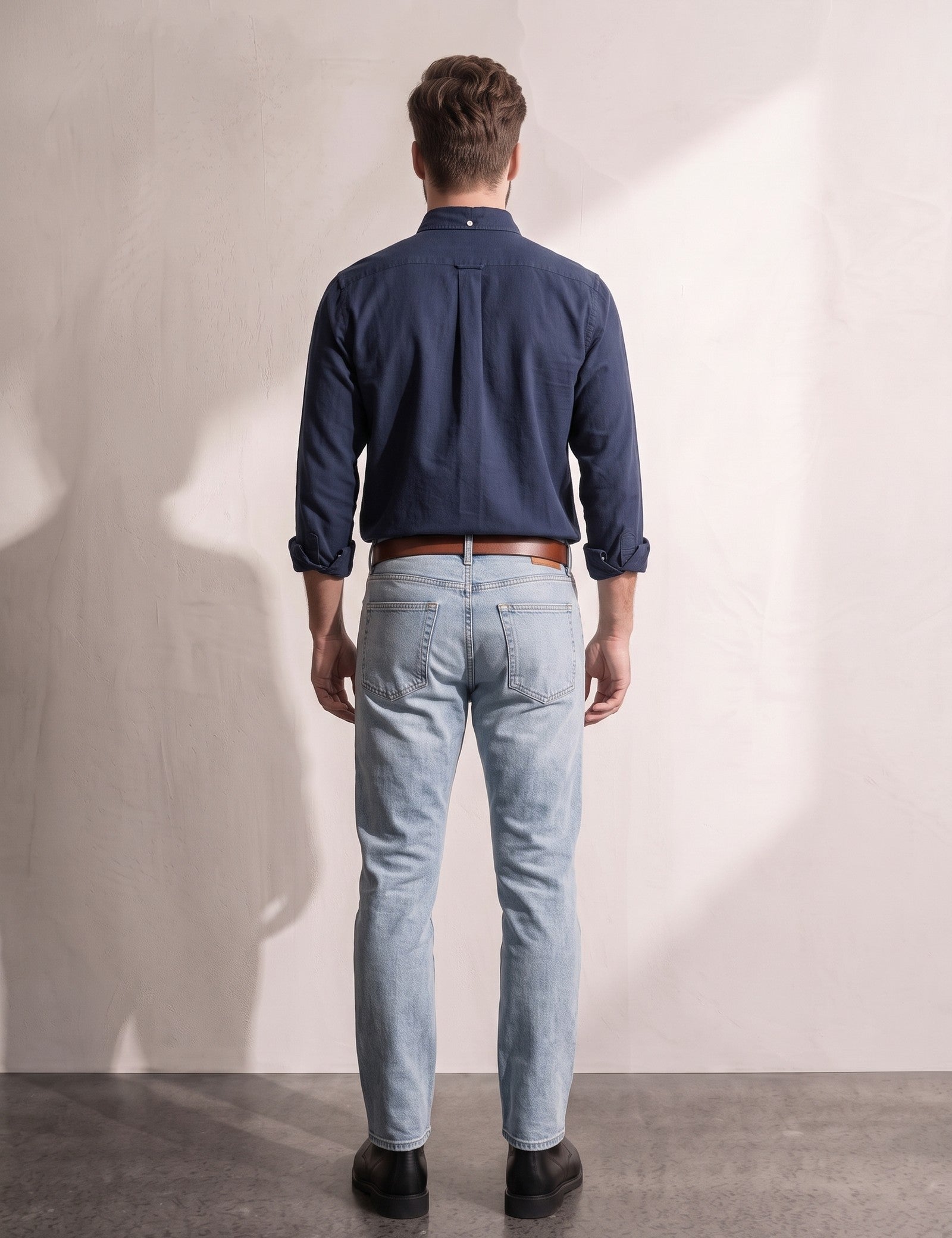 Men's Navy Relaxed Fit Button-Down Shirt, back view, full length