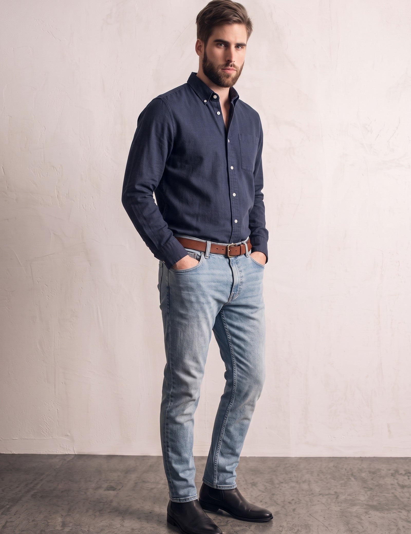 Men's Navy Relaxed Fit Button-Down Shirt, three-quarter view from the left, full length