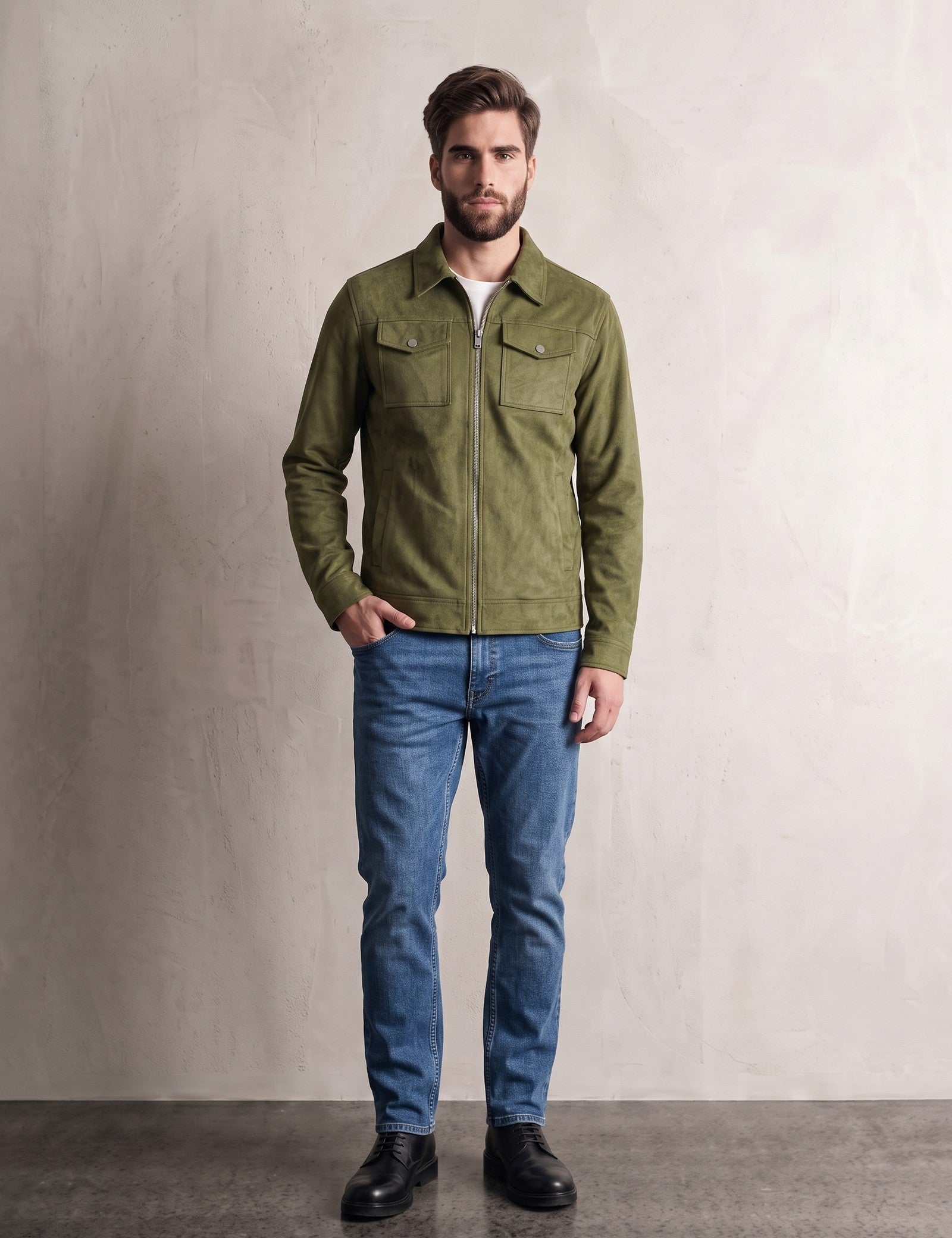 Men's Olive Faux Suede Zip Jacket, front view, full length