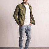 Men's Olive Faux Suede Zip Jacket, three-quarter view from the left, full length
