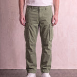 Men's Olive Relaxed Fit Cargo Trousers with Drawcord Hems, front view from the waist down.