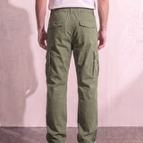 Men's Olive Relaxed Fit Cargo Trousers with Drawcord Hems, back view from the waist down.
