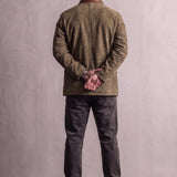 Men's Olive Suede-Effect Jacket with Layered Collar, back view, full length.